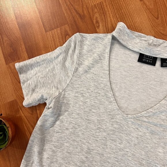 Press Soft Knit Tshirt Dress Light Heather Grey Sz Small Peek-a-Boo Neckline - Picture 3 of 8